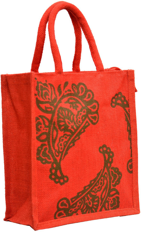 AGGDA Red Jute with Green Mango printed with Red Rope Handle Jute Burlap Lunch Tiffin Outdoor Handbag Bag Working Office Bag … Multipurpose Bag(Red, 12 L)