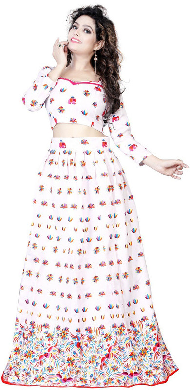 nakarani Printed Semi Stitched Lehenga Choli(White)