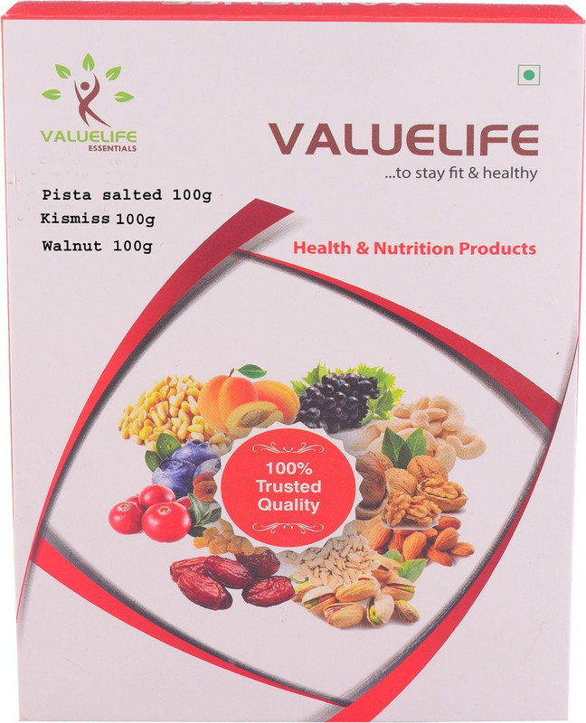 Value Life Walnut Kernel Salted Pistachios Kishmish Dry Fruits Combo of 3 - 100Grams (1 of Each) Walnuts(3 x 100 g)