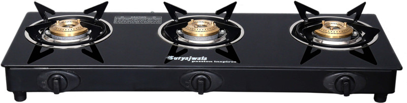suryajwala Toughened Glass (For Domestic LPG Cylinder only) Steel Automatic Gas Stove(3 Burners)