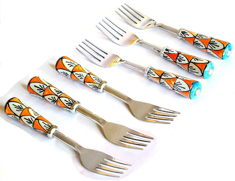 indiavaale HAND PAINTED ORANGE WHITE BLUE MEDIUM 6 INCH FORKS SET OF SIX PCS STEEL & CERAMIC Indiavaale - HAND PAINTED FROM KHURJA ARTIST - PERFECT FOR GIFTING - COMES... Steel Serving Spoon Set(Pack of 6)