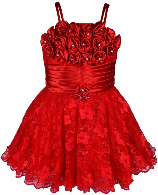 Aarika Girls Midi/Knee Length Party Dress(Red, Sleeveless)