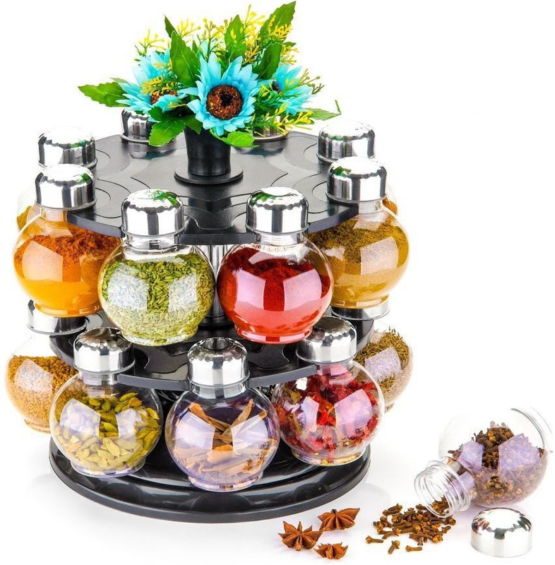 kitchen khajana Metallic Siver Finish Revolving Spice Rack 16 Piece Condiment Set(Plastic)