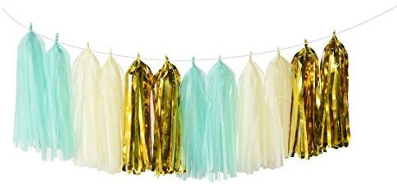 furunxin 12 Pcs Mint Cream Gold Tissue Paper Tassel Garland Bunting For Baby Shower, Bridal Shower, Birthday Party, Nursery Decoration,We