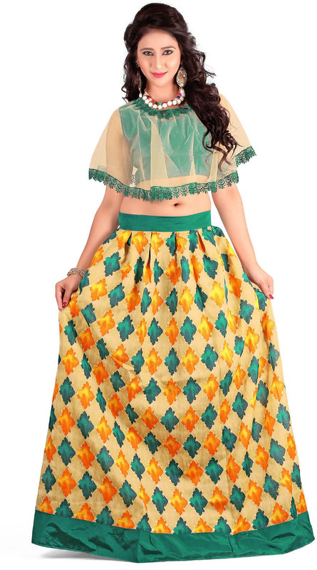 vrundavan fashion Printed Semi Stitched Ghagra Choli(Green, Gold, Orange)