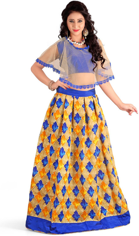 vrundavan fashion Printed Semi Stitched Lehenga Choli(Gold, Blue, Orange)