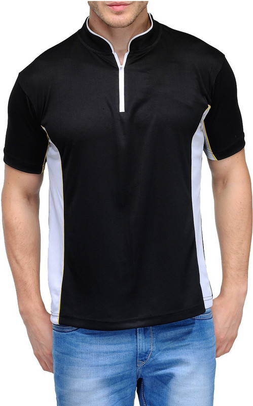 Scott International Color block Men Mandarin Collar Black, White T-Shirt