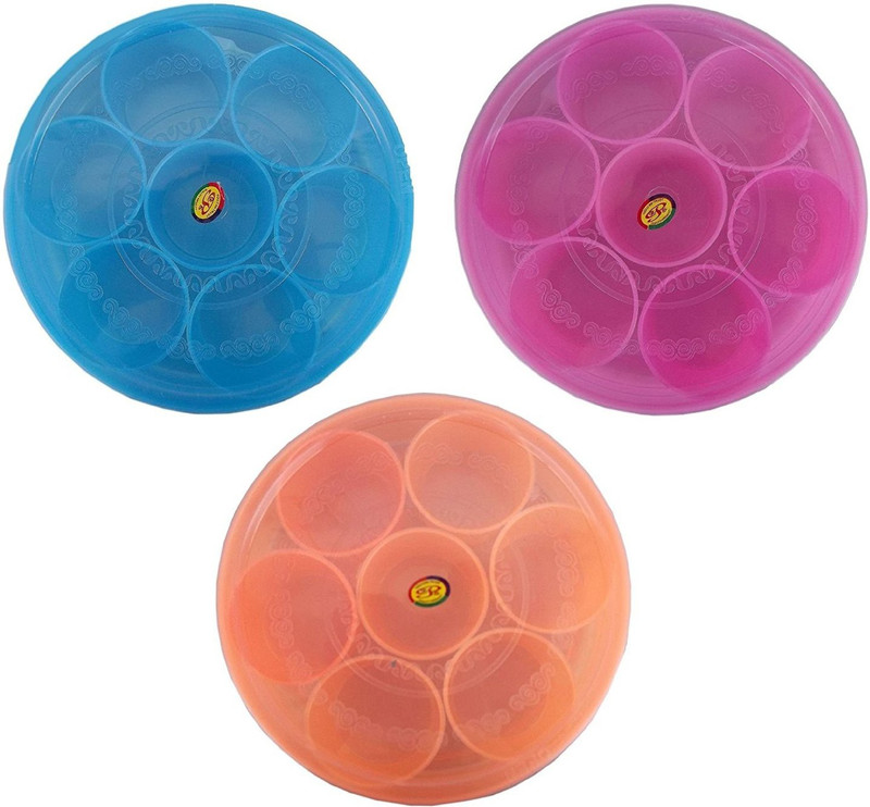 kotak sales Round Plastic Spice Box Masala Dabba Spices, Pickels Herbs Transparent Organizer Carrier Storage Container (All Three)  - 0 ml Plastic Grocery Container(Pack of 3, Blue, Pink, Orange)