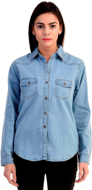 king denim Women Solid Casual Blue Shirt