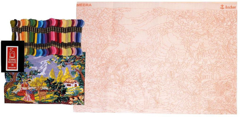 madura coats ltd Printed Canvas for Embroidery Big Size 60 x 80 cm with 99 Anchor Threads & Needle Set with Design Printed on it, Meera Design