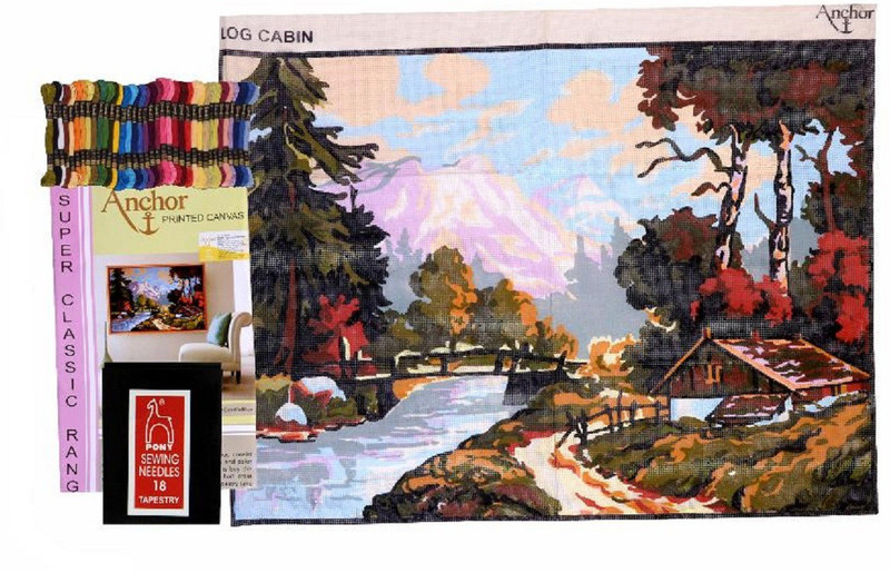 madura coats ltd Printed Canvas for Embroidery Big Size 60 x 80 cm with 78 Anchor Threads & Needle Set with Design & Color Scheme Printed on it, Natural Scenery Design