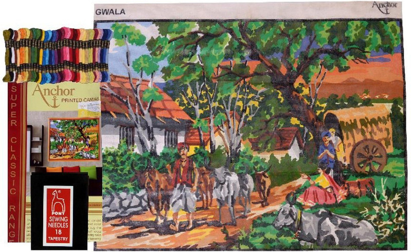 madura coats ltd Printed Canvas for Embroidery Big Size 60 x 80 cm with 108 Anchor Threads & Needle Set with Design & Color Scheme Printed on it, Village Design