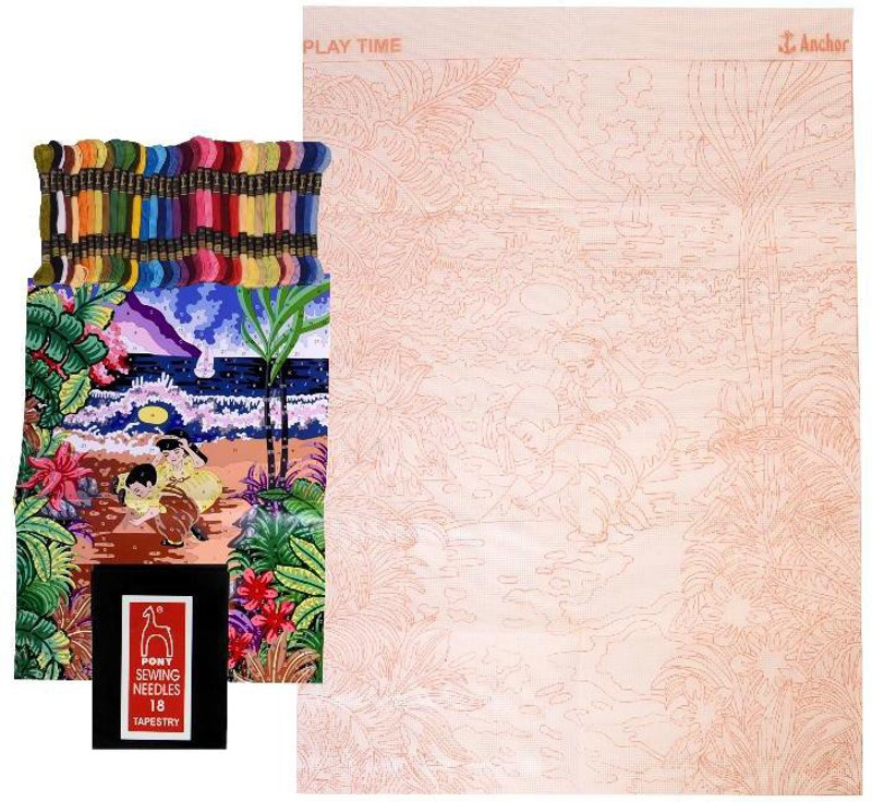 madura coats ltd Printed Canvas for Embroidery Big Size 60 x 80 cm with 95 Anchor Threads & Needle Set with Design Printed on it, Children Play Time Design