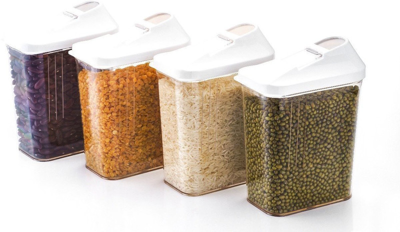jony Cereal Dispenser Easy Flow Storage Jar 750ml 4- Pcs Set, Idle For Kitchen- Storage Box Lid Food Rice Pasta Container  - 750 ml Plastic Spice Container, Tea Coffee & Sugar Container, Grocery Container, Utility Box(Pack of 4, White)