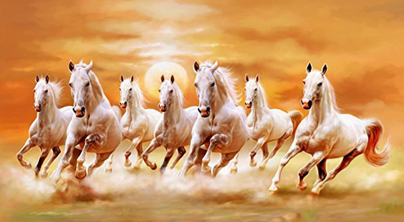 pixel print Medium Wall Sticker Vastu Seven Running Horse Poster  Sticker(Pack of 1)