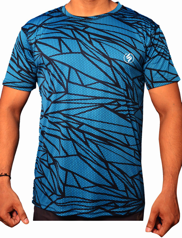sh saha enterprises Geometric Print Men Round or Crew Blue, Black T-Shirt