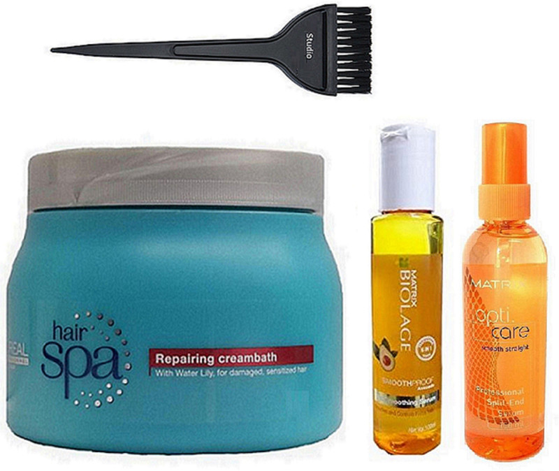 studio Hair Brush , L'oreal Repairing Cream Bath Hair Spa & Matrix Biolace Smooth Proof Serum(4 Items in the set)