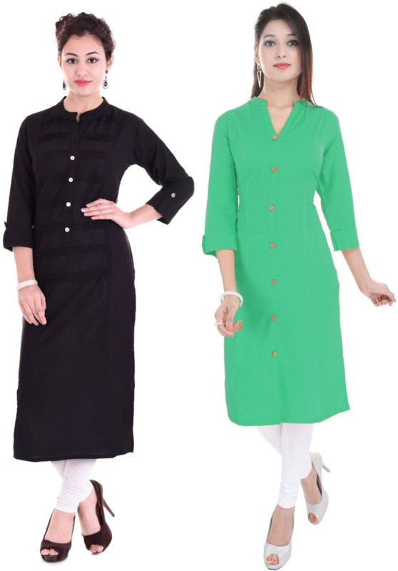 Febia Women Solid Straight Kurta(Green, Black) Febia Women Solid Straight Kurta(Green, Black)