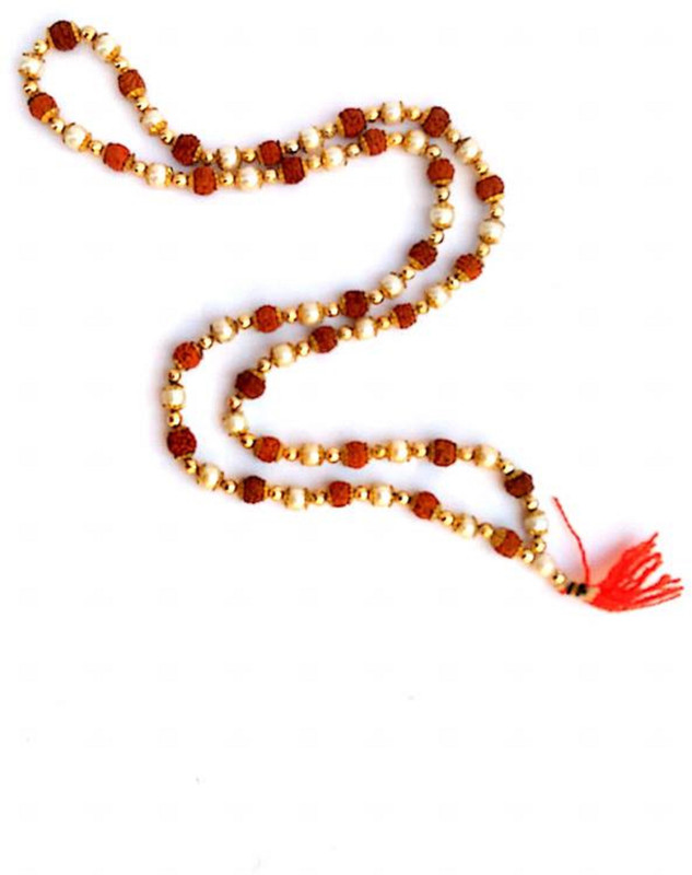 krishnagallery1 Original Rudraksha Mala (10 mm to 12 MM) 5 Face for Women & Men Daily Mala Moonstone Platinum Plated Bronze Chain
