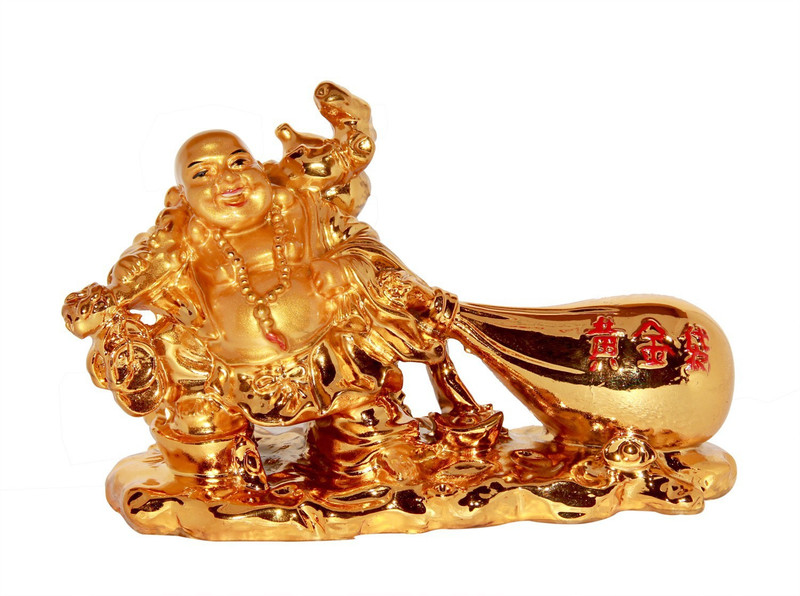 vashoppee Vastu / Feng Shui / Laughing Buddha With Money potli For Health , Wealth And Good Luck Decorative Showpiece  -  11 cm(Polyresin, Gold)