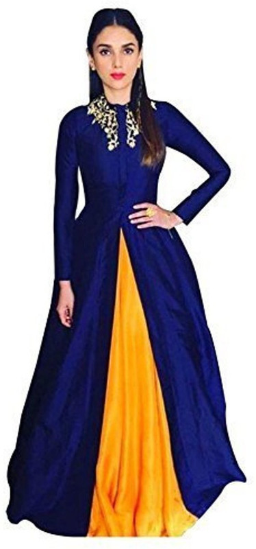 neo enterprise Women Gown Dark Green, Yellow Dress