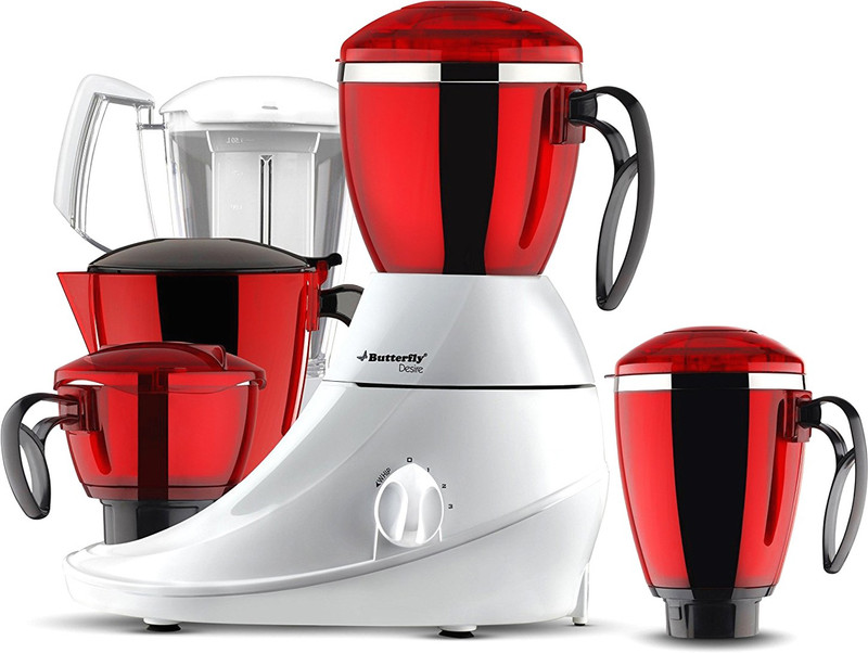 Butterfly Present Desire 1 HP with 4 Jars 750 W Unbreakable polycarbonate outer shell and SS inner shell jars 750 W Juicer Mixer Grinder(Red:White, 4 Jars)