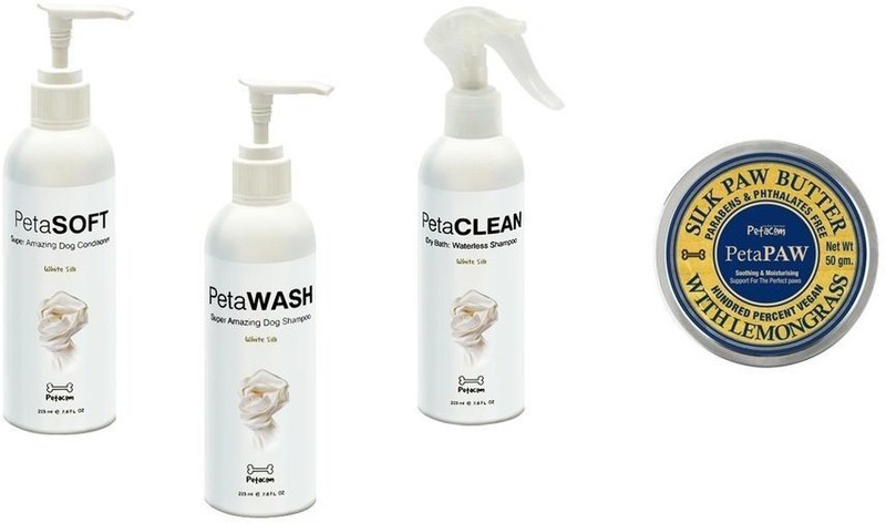 petacom Grooming combo Soft and Shiny coat for Dogs - Paw Butter with Lemongrass extracts & Shampoo, Conditioner, Dry Bath in White Silk fragrance Allergy Relief, Conditioning whiteslik Dog Shampoo(225 ml)
