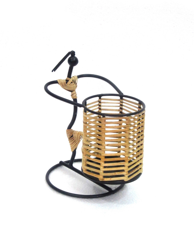 house2home 1 Compartments Iron, Cane Decorative Spoon Holder/Pen Stand Pencil Holder for Office Table Accessories(Black)