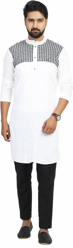 kiez fashion Men Checkered Straight Kurta(White)