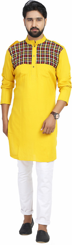 kiez fashion Men Checkered Straight Kurta(Yellow)
