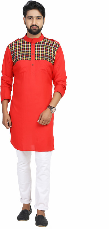 kiez fashion Men Checkered Straight Kurta(Red)