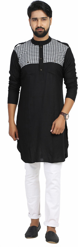 kiez fashion Men Checkered Straight Kurta(Black)