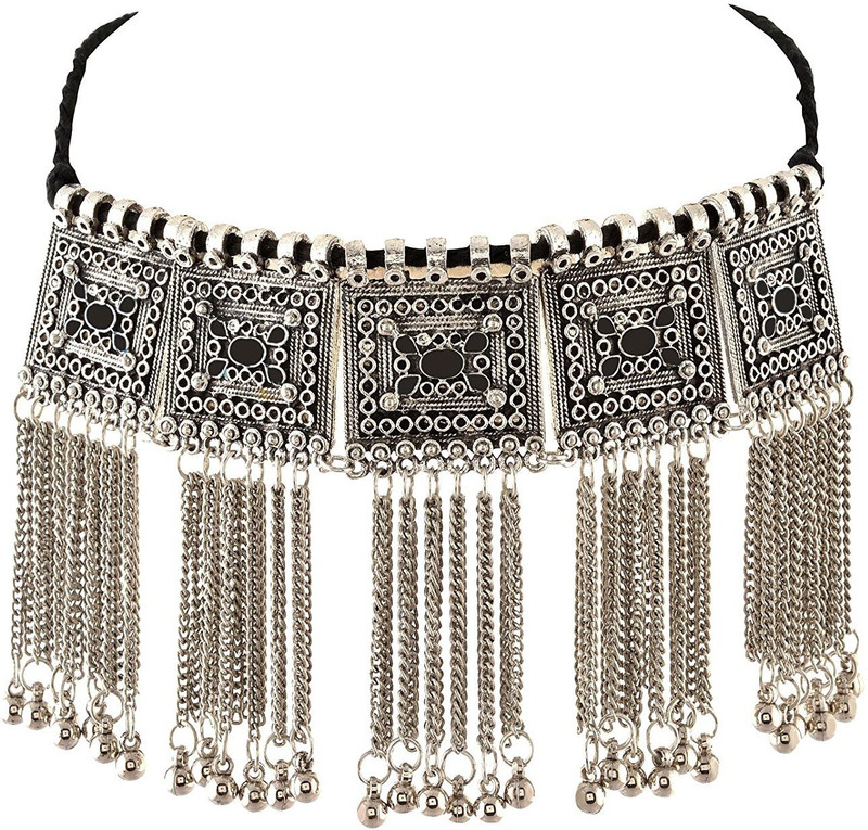 urbanela Urbanela German Silver Gypsy look Necklace : Afgani Necklace AFGN122-SILVER-BLACK Alloy Necklace