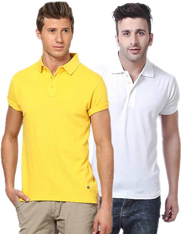 Concepts Solid Men Polo Neck Yellow, White T-Shirt(Pack of 2)