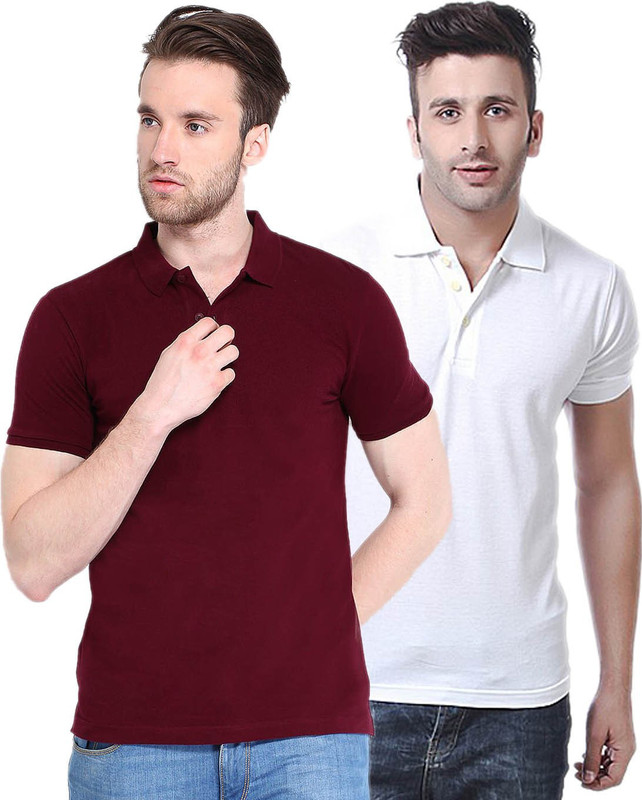 Concepts Solid Men Polo Neck Maroon, White T-Shirt(Pack of 2)