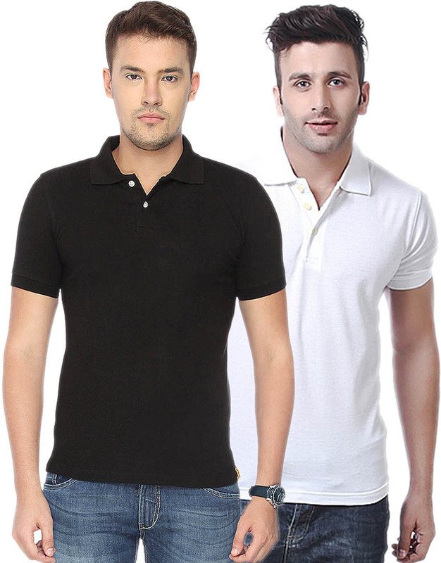 Concepts Solid Men Polo Neck Black, White T-Shirt(Pack of 2)