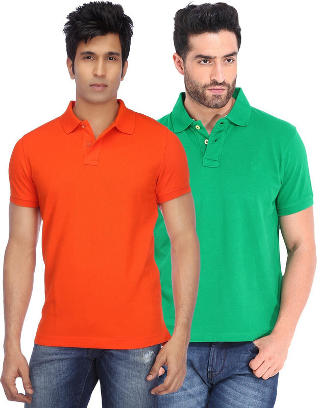 Concepts Solid Men Polo Neck Orange, Green T-Shirt(Pack of 2)