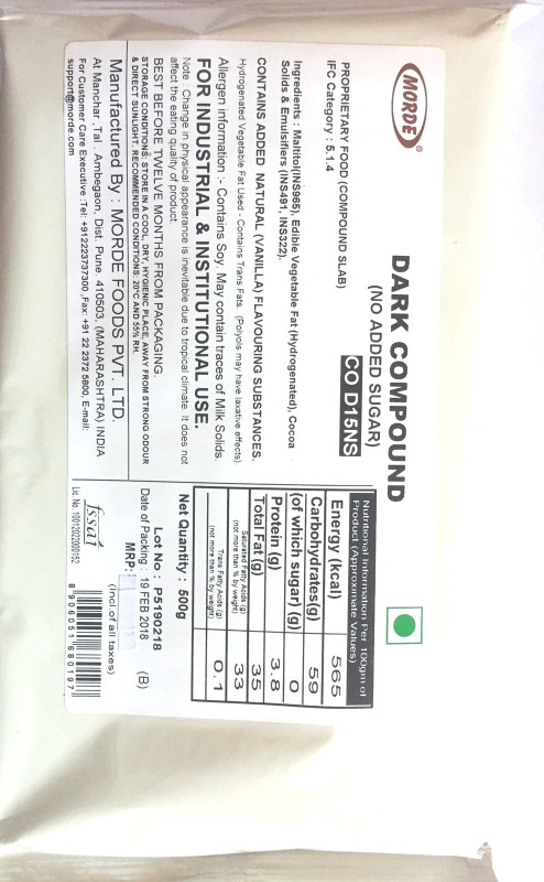 morde Sugar Free Dark Compound(NO added sugar) Chocolate Baking Bars Solid(500 g)