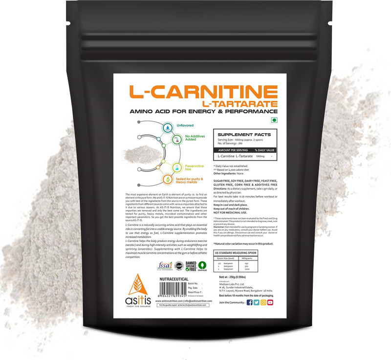 AS-IT-IS Nutrition L-Carnitine L-Tartarate Powder-250 gms EAA (Essential Amino Acids)(250 g, Unflavored)