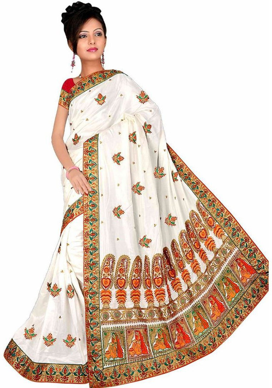 sahjanand creation Graphic Print Gajee Art Silk Saree(White)