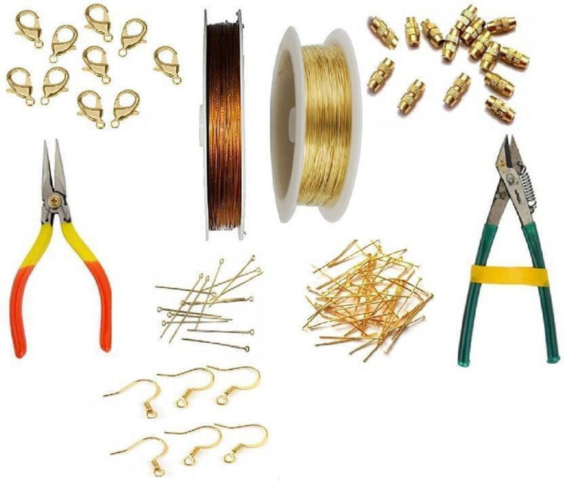 puffy Gear Wire/Tiger Tail, Copper Wire, Golden Findings (Head Pin, Eye Pin, Jump Ring, Ear Hook), End Clasps(Barrel & Lobster) & Tools(Cutting & Bending) Combo for jewellery making,beading & other craft projects