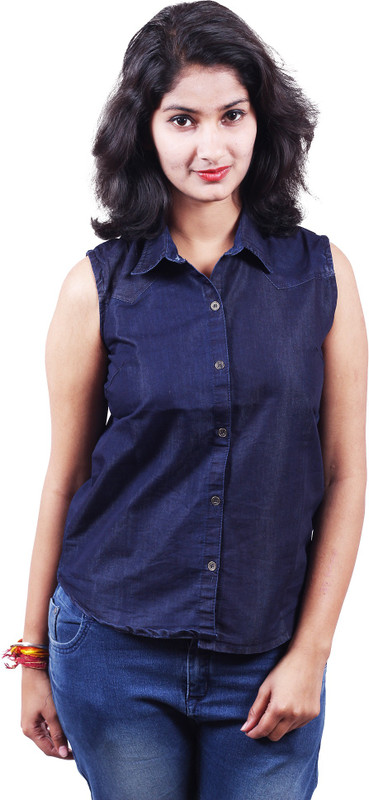 king denim Women Washed Casual Blue Shirt