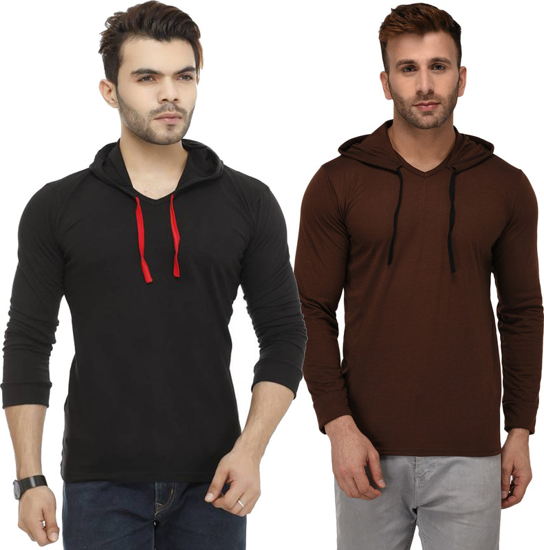 Jangoboy Solid Men Hooded Black, Brown T-Shirt(Pack of 2) Jangoboy Solid Men Hooded Black, Brown T-Shirt(Pack of 2)