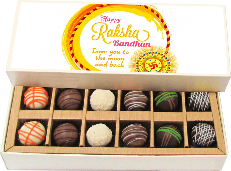Chocholik Rakhi Gift Box - Love you to the moon and back - Dark, Milk, White Chocolate Truffles - 12pc Truffles(180 g)