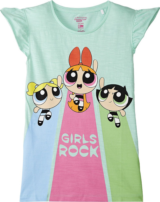 Powerpuff Girls Girls Graphic Print Cotton Blend T Shirt(Green, Pack of 1)