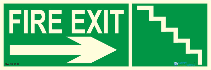 safety world Fire Exit Right Side Direction With Steps Sign Night Glow print 4 x 12 Inch. Emergency Sign