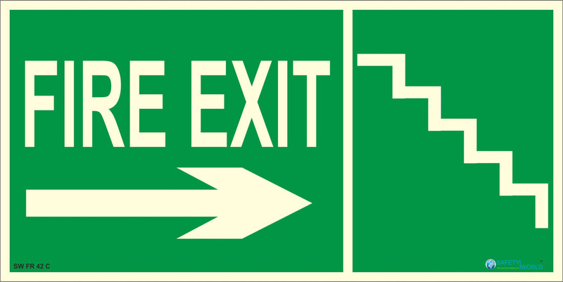 safety world Fire Exit Right Side Direction With Steps Sign Night Glow print 6 x 12 Inch. Emergency Sign