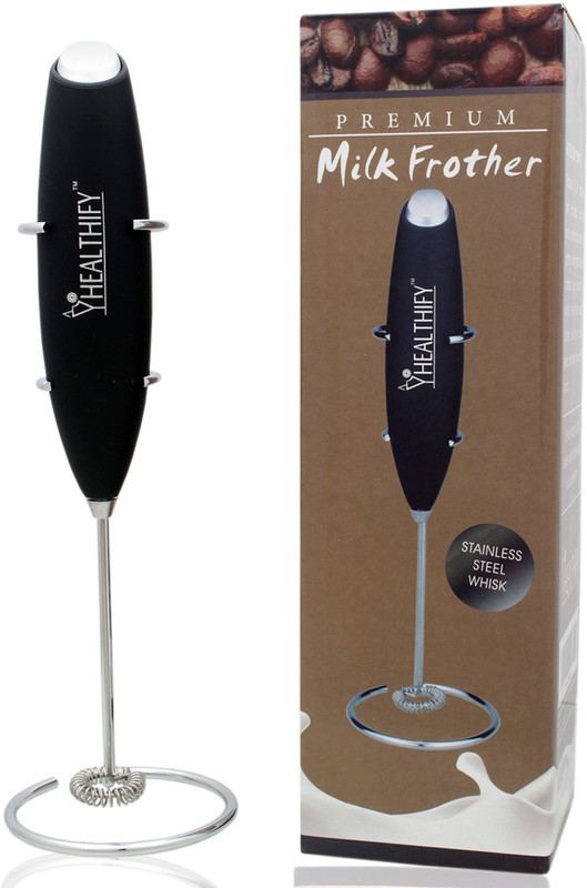 Healthify Milk Frother Handheld Battery Operated Electric Foam Maker for Coffee, Latte, Cappuccino, Hot Chocolate, Durable Drink Mixer With Stainless Steel Stand Include 0 Electric Whisk(Black)