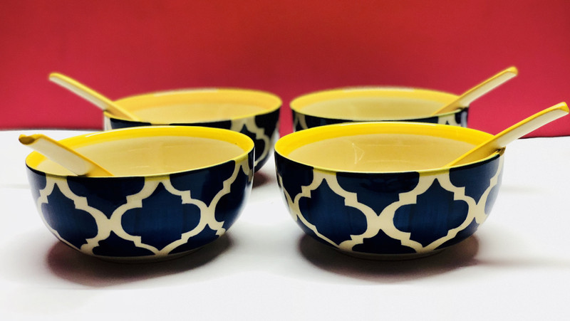 hindustani saudagar HS56 Ceramic Soup Bowl(Yellow, Blue, Pack of 4)