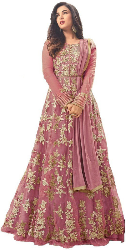 infotech Poly Silk Embroidered Gown/Anarkali Kurta & Bottom Material(Semi Stitched)